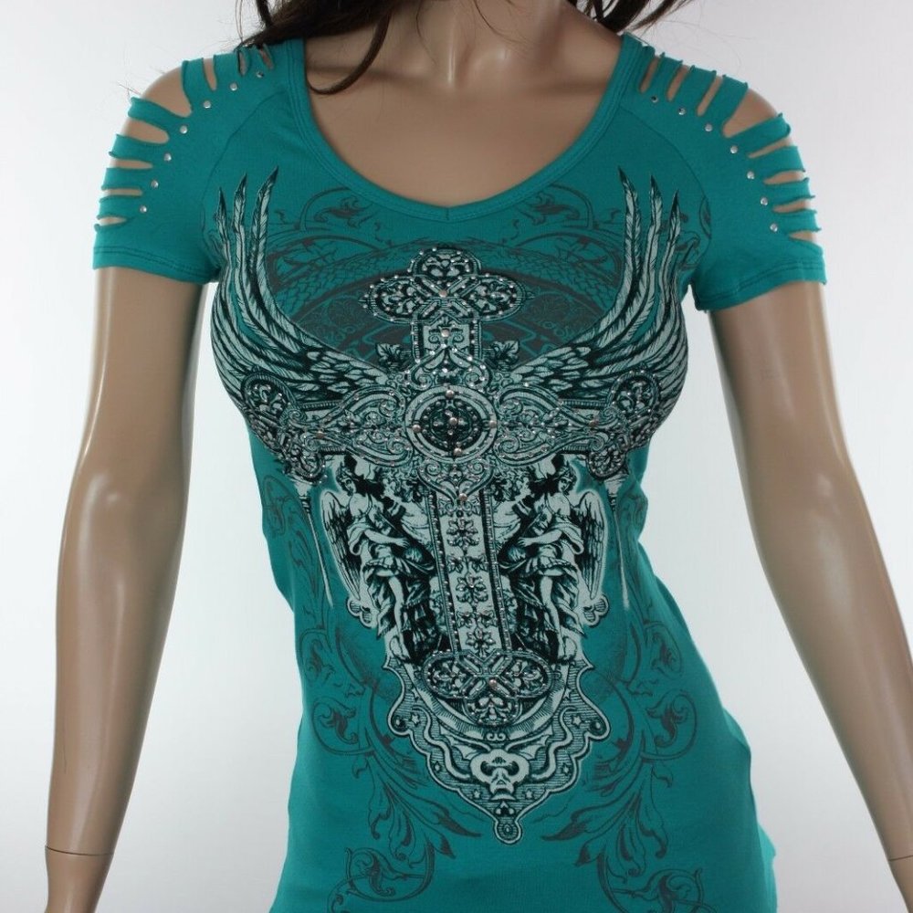 Bling Jade Green Cross Angel Wing Razor Cut Top